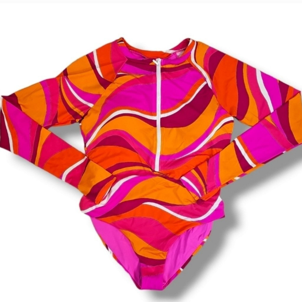 Trina Turk Vivid Pink & Orange Vista Long-Sleeve One Piece Swimsuit - Size Large